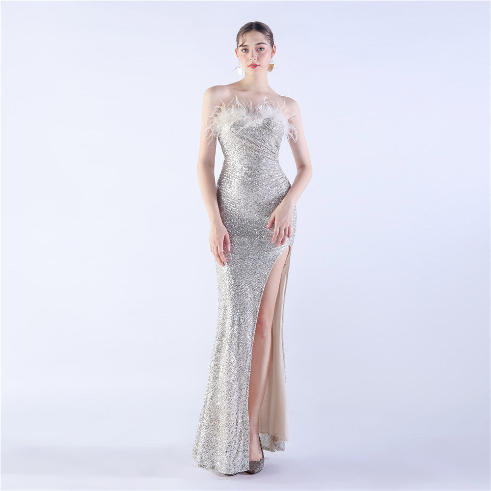 Robe de soirée haut de gamme en plumes d'autruche, rétractable, pliable et froissée