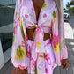 Chiffon Pleated Lantern Sleeve Long Sleeve V-neck Shirt Elastic Waist Straight Shorts Printing Suit