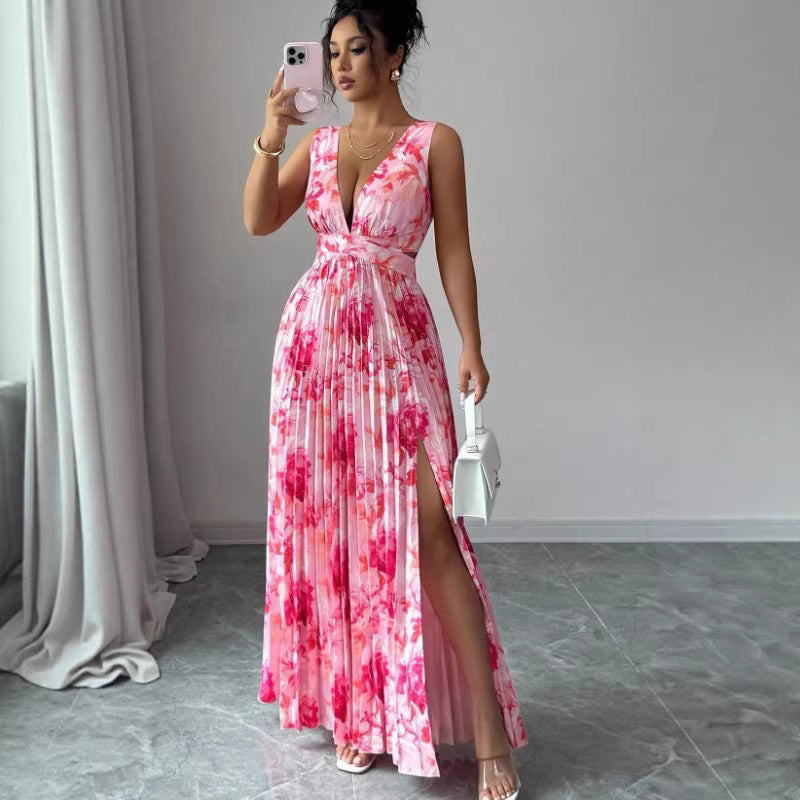 Womens Sexy Deep V-Neck Sleeveless Printed Dress With Slit Hem And Pleats