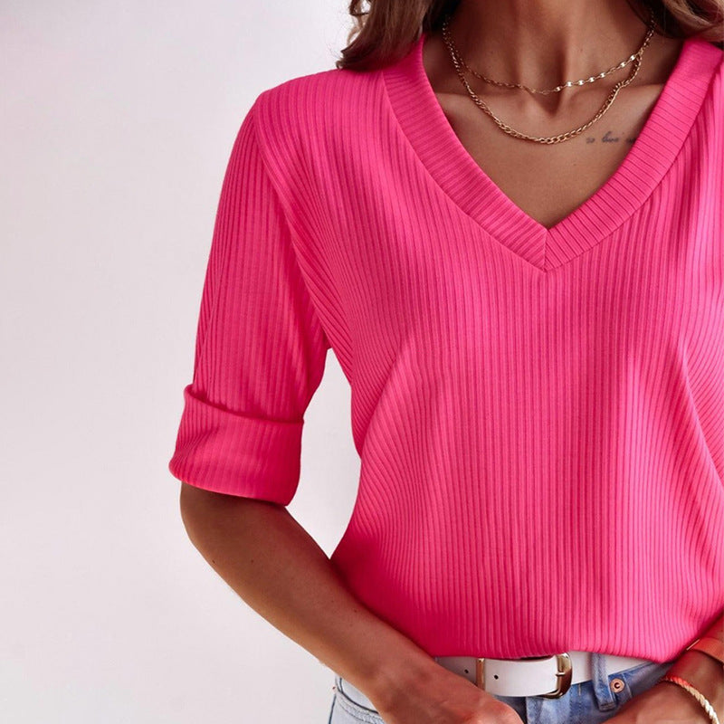 Female V-neck Thread Half-sleeve Sweater