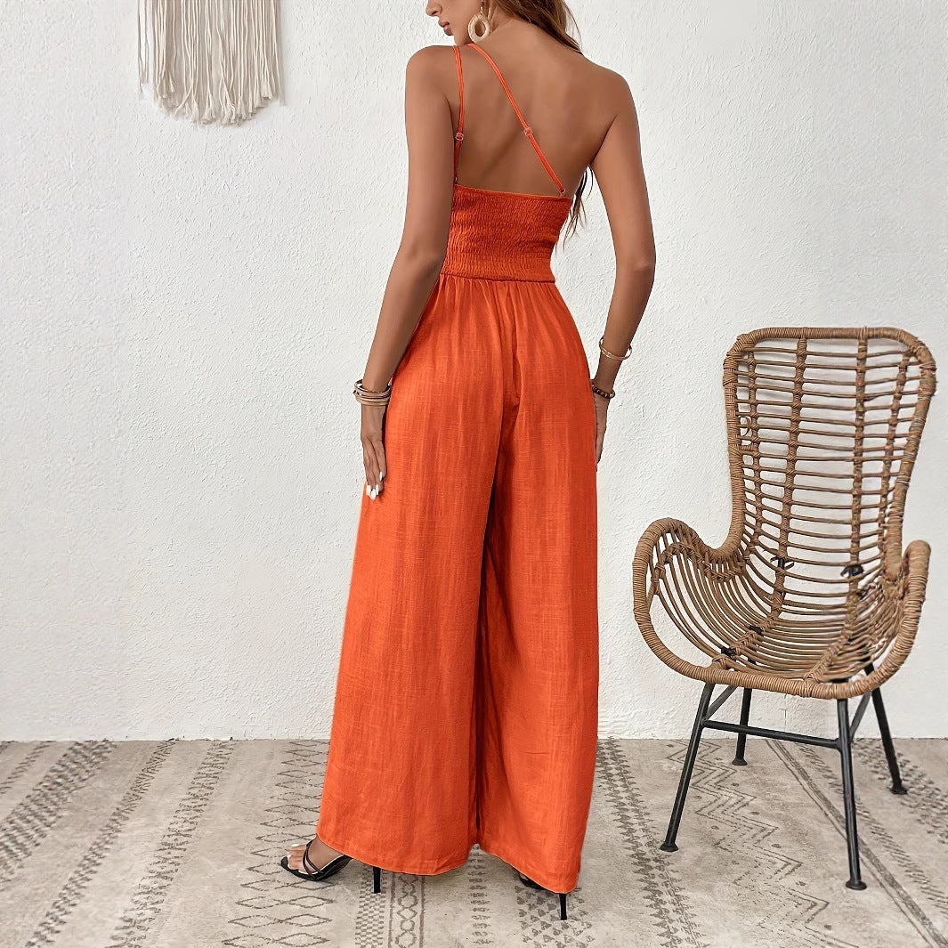 Women's Solid Color Wide-leg Thin One-shoulder Jumpsuit