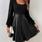 PU Leather Patchwork A-line Dress With A Square Neckline And Puff Sleeves