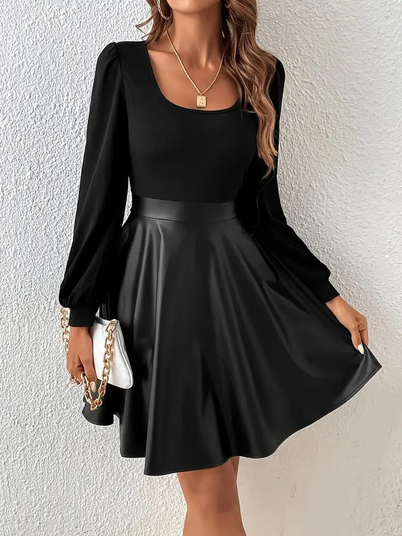 PU Leather Patchwork A-line Dress With A Square Neckline And Puff Sleeves