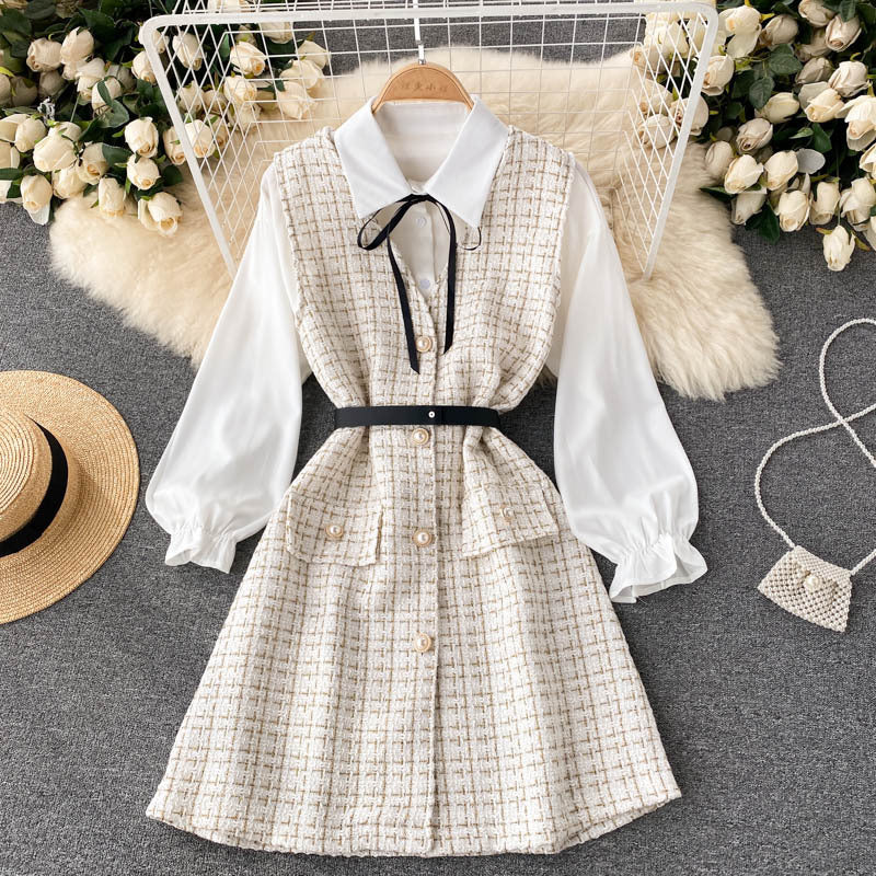 Women's Puff Sleeve Shirt Houndstooth Suspender Dress