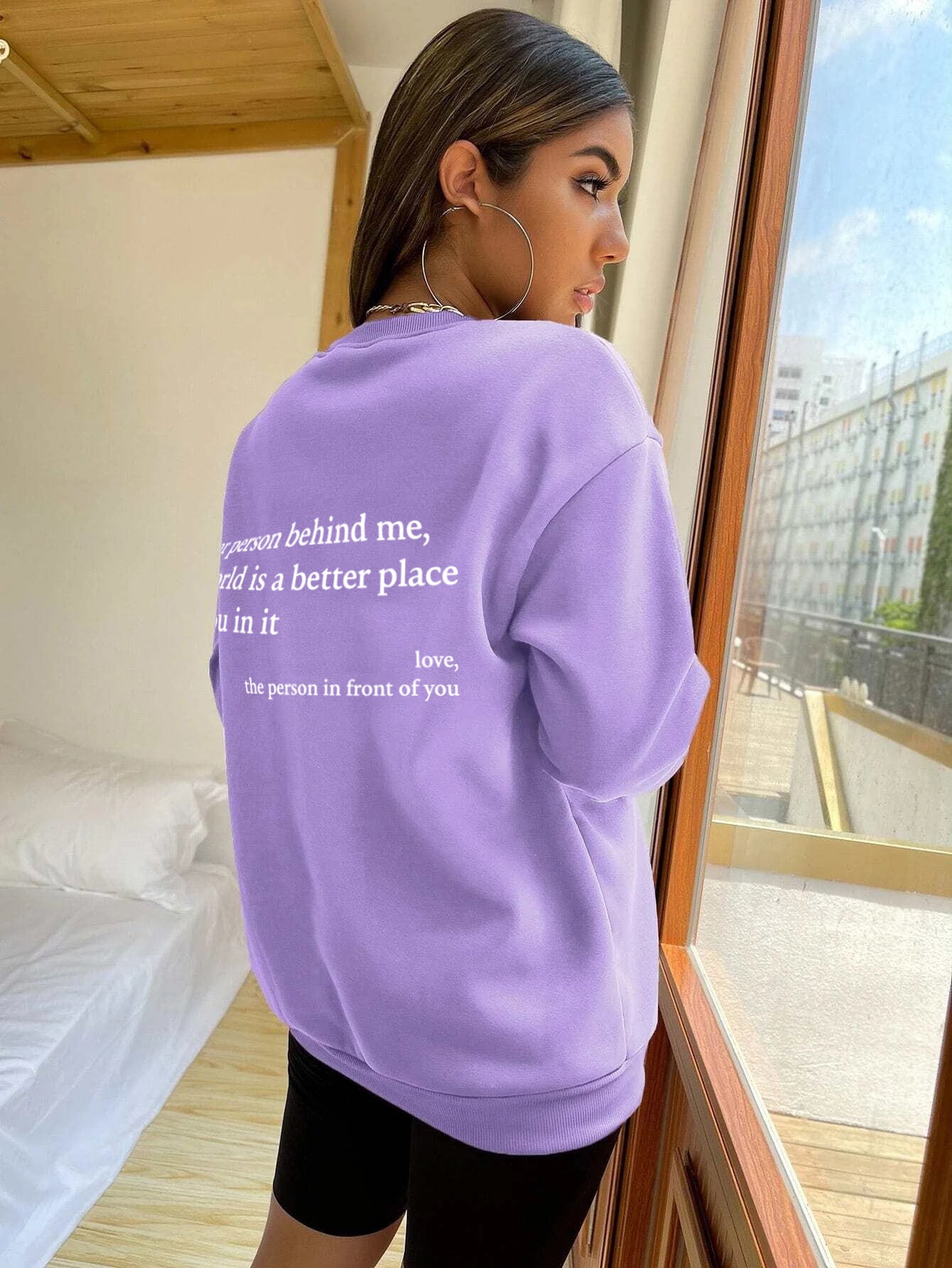 Pull ras du cou doublé polaire pour femme, imprimé slogan uni, simple et confortable, couleur unie