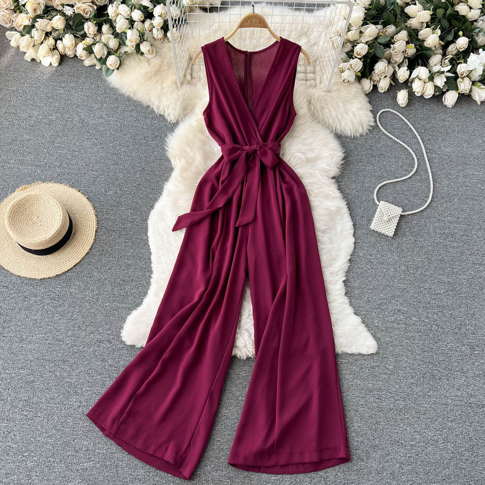 Combinaison sans manches à col en V et taille haute pour femme