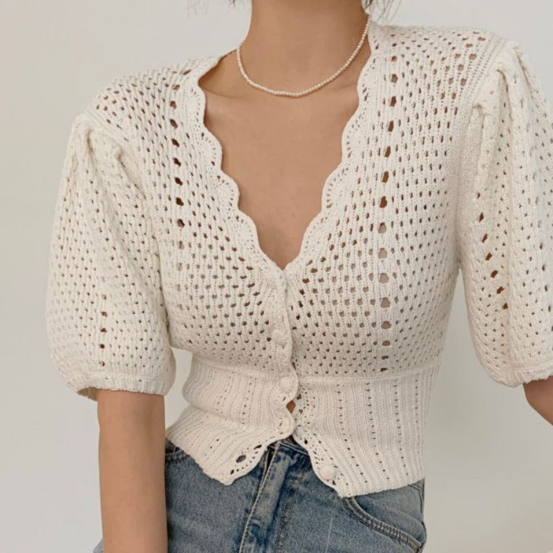 Western Style Hollow Chain Link Flower Gentle Short Knit Sweater