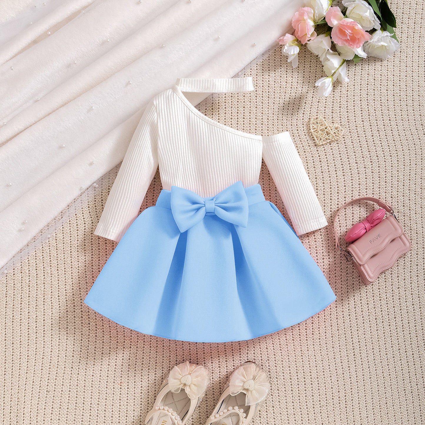 Bow Ruffled Dress Two-piece Set