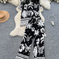 Bohemian-style Printed Short-sleeve Polo-collar Shirt And Wide-leg Pants Set