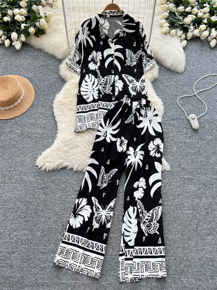Bohemian-style Printed Short-sleeve Polo-collar Shirt And Wide-leg Pants Set