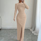 Round-neck Fitted-waist Sheath Dress With A Slit