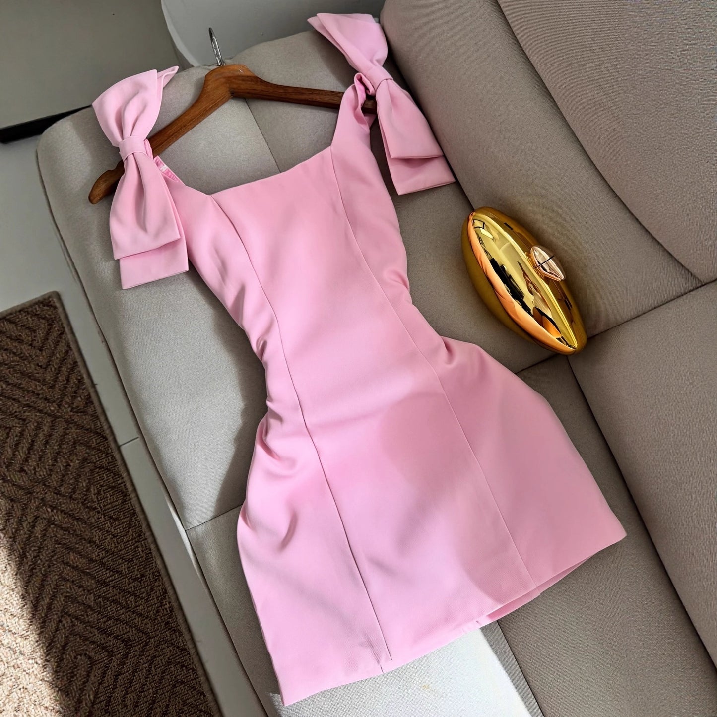 SpringSummer Solid-Color Sweet-Style Slim Fit Dress With Bow Accent