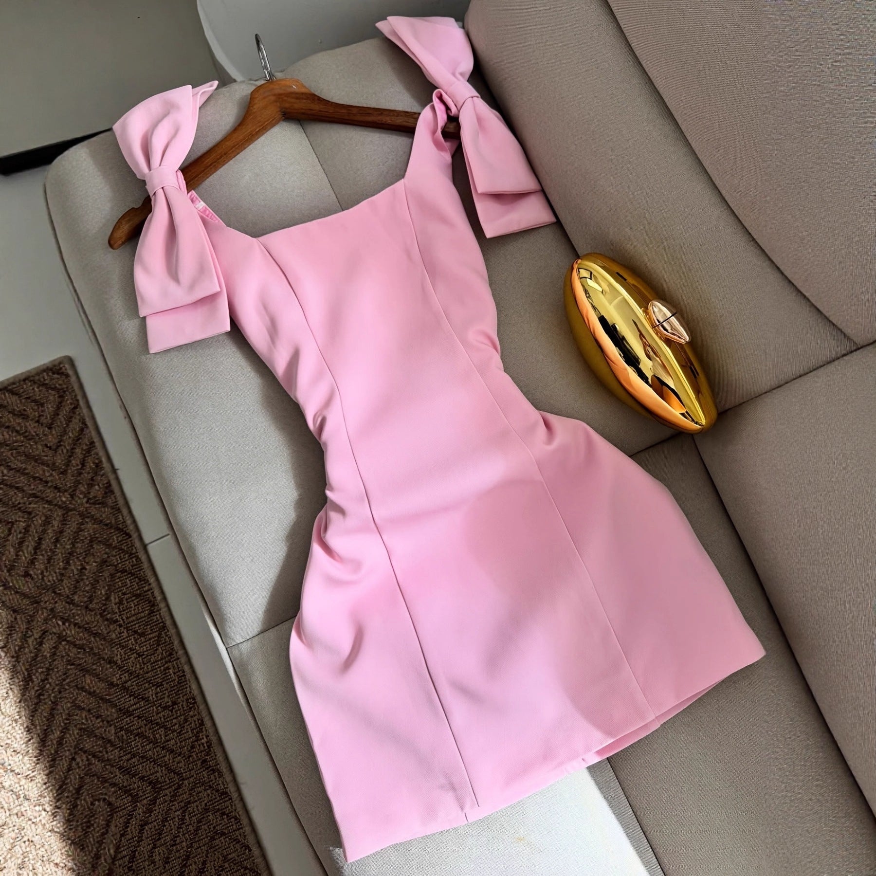 SpringSummer Solid-Color Sweet-Style Slim Fit Dress With Bow Accent