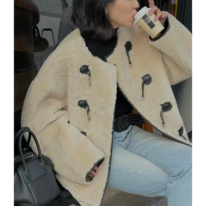 Autumn And Winter New Metal Leather Ring Fur Stitching Casual Fashionable Stylish Coat
