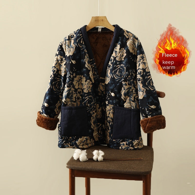 Veste à imprimé floral ethnique, manteau en coton épais doublé polaire, grande taille, vêtements pour femmes