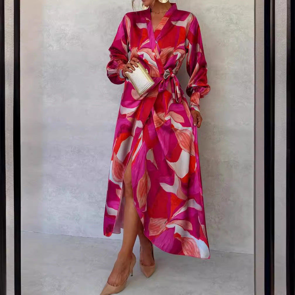 Autumn New Long Sleeve Dress V-neck Lace-up Split