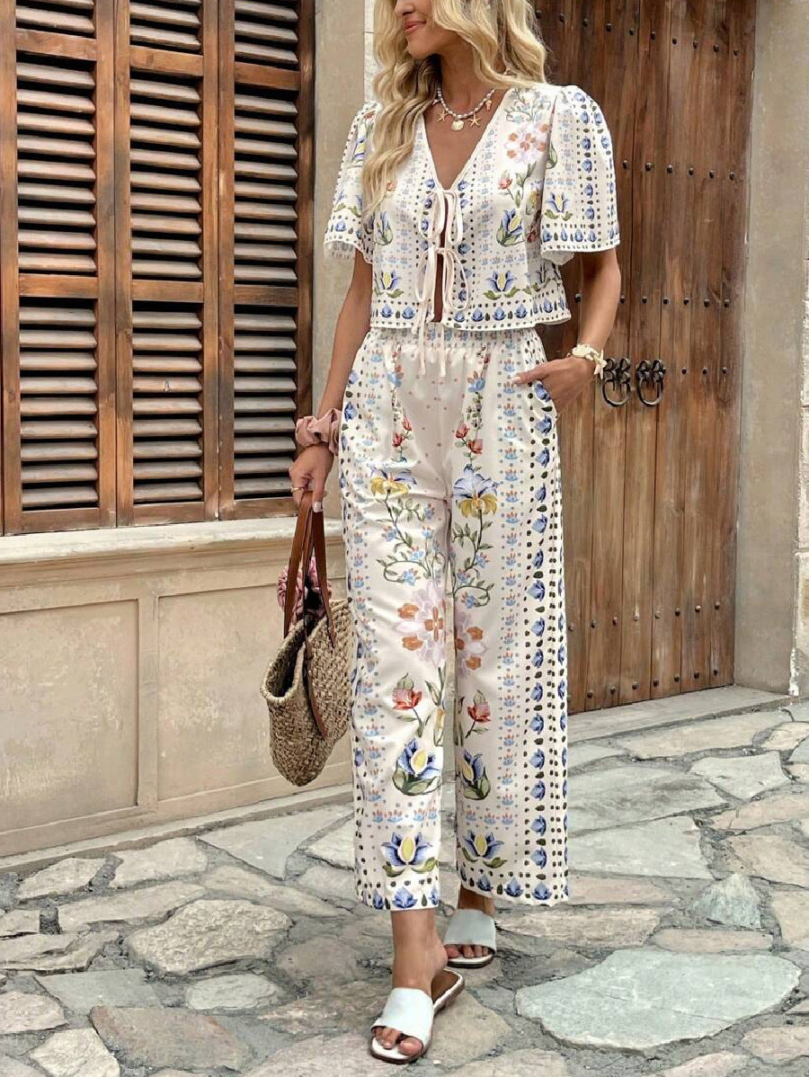 Women's High-waist Printed Top And Pants Set