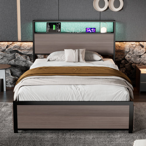 Metal Bed, 3FT Single Bed 90x190cm, With LED Light Strip And 4 Drawerss, 2 USB Port 1 Type C, Durable And Sturdy, Youth Bed, For Adults  Teenagers, Multifunctional Bed, Wrought Iron Bed, Grey