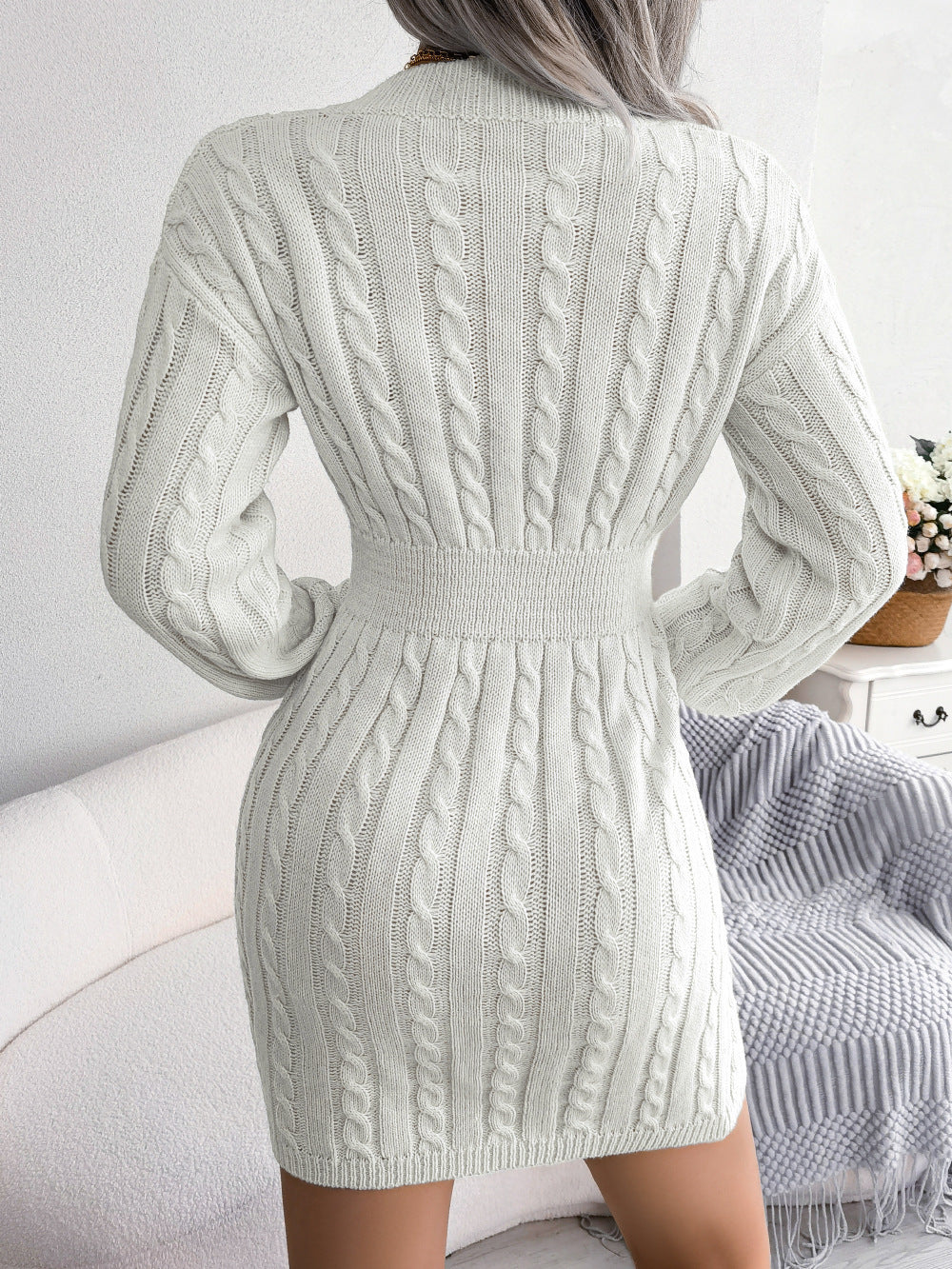 Robe en tricot à manches longues et col en V, couleur unie, tendance, taille fine, vêtements pour femmes