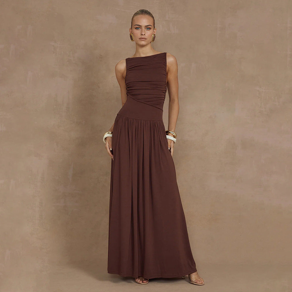Sleeveless Pleated Slim Solid Color Dress