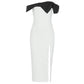 Robe de soirée longue fendue noire et blanche avec nœud