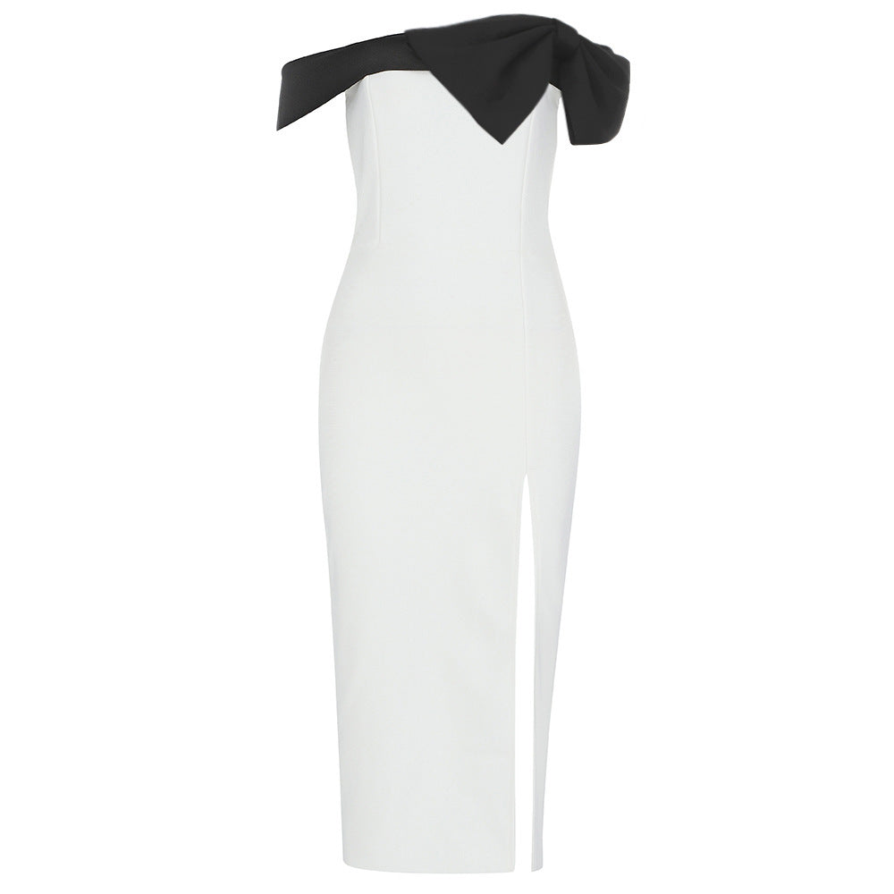 Robe de soirée longue fendue noire et blanche avec nœud