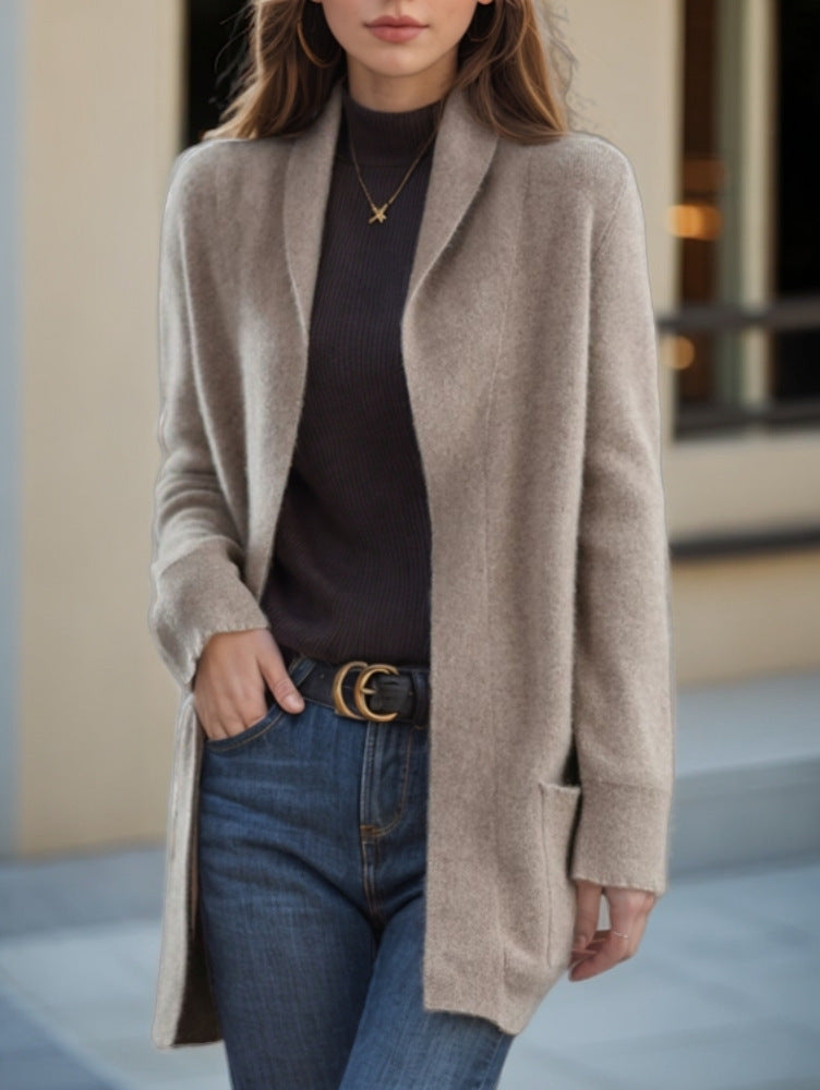 Nouveau cardigan tricoté à manches longues et col polo, couleur unie, avec poches amples, pour femme
