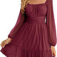 European And American Womens Mesh Long-Sleeve Square-Neck Dress