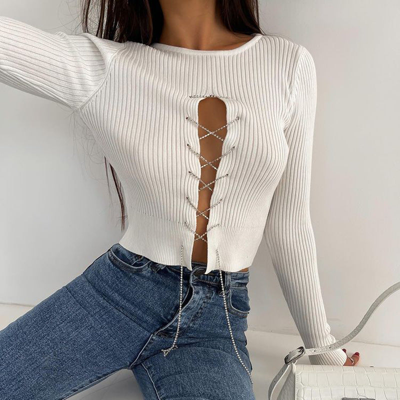Women's Fashion Hollow Diamond Chain Jersey Top