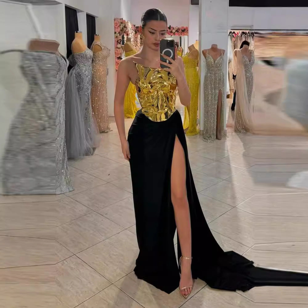 One-shoulder Leather Top Slit Mop Black Dress Two-piece Set Lacing Backless Light Dress