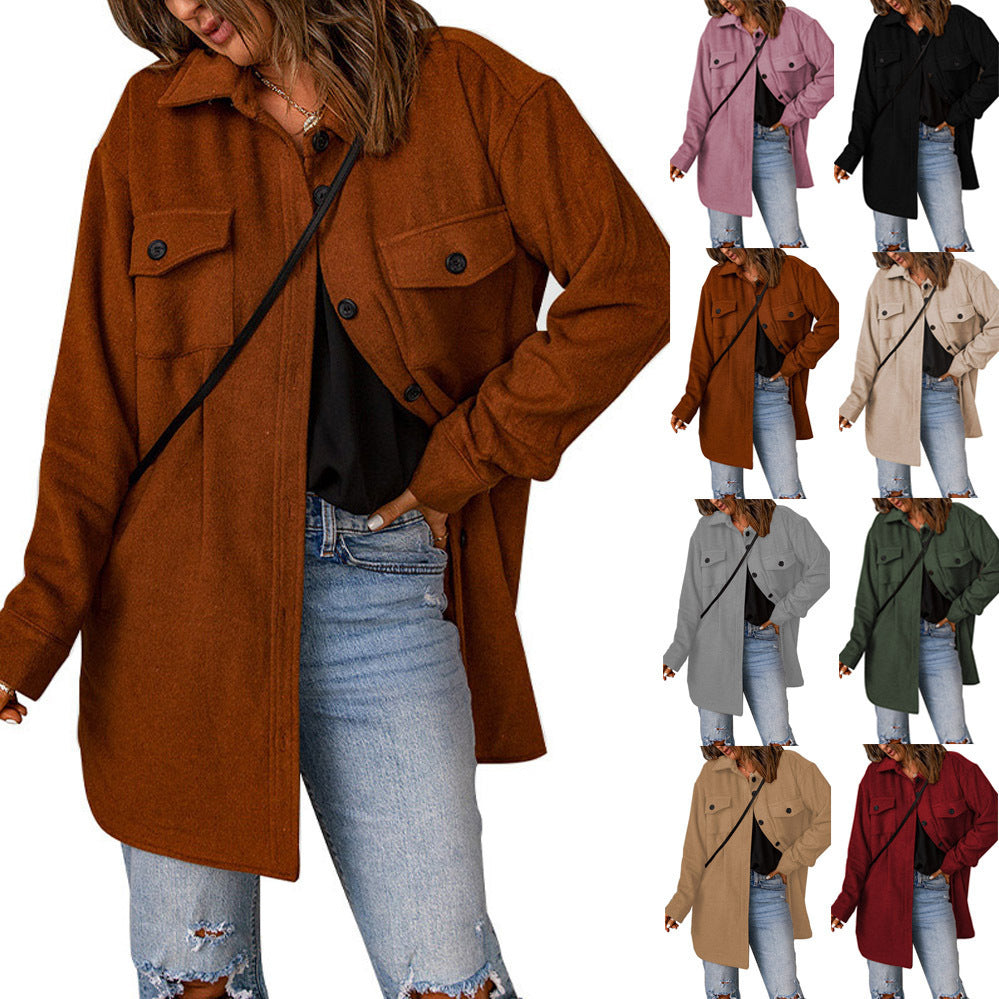 Women's Corduroy Solid Color Single Breasted Casual Lapel Woolen Jacket