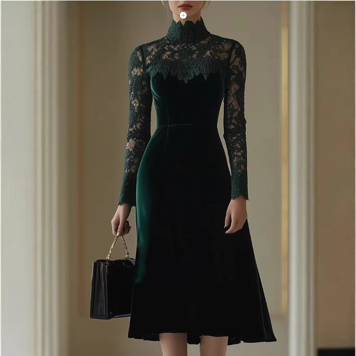 Vintage Velvet Stitched Lace High-Neck Long-Sleeve Midi Dress