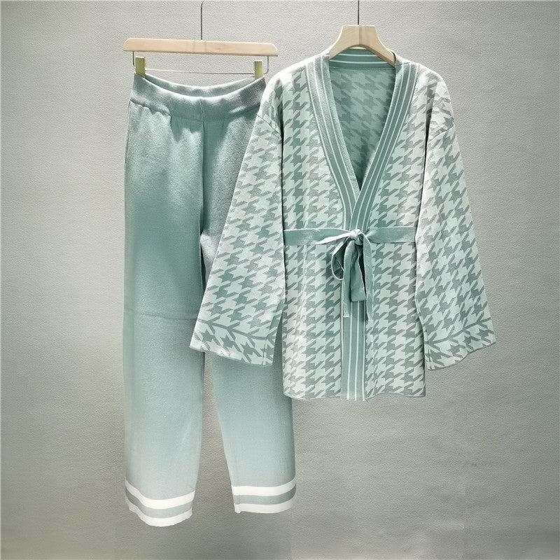 Spring And Autumn Jacquard Houndstooth Knitted Wide-leg Pants Two-piece Set