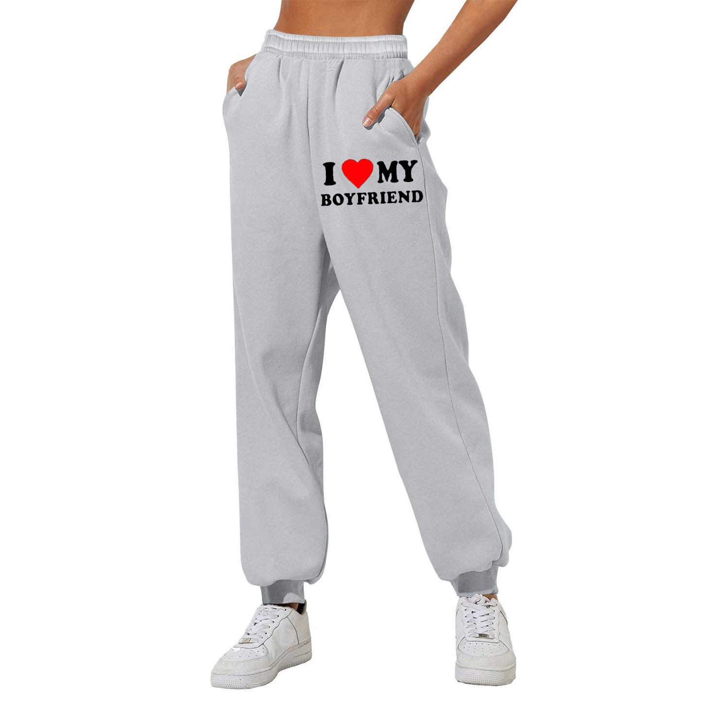 Pantalon imprimé « J'aime mon copain » Pantalon de survêtement décontracté pour homme et femme Pantalon de sport