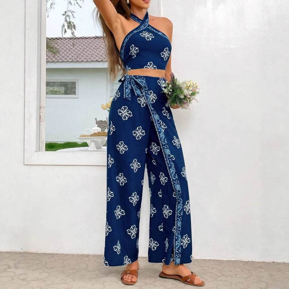 Halter Slim Fit Top High Waist Straight-leg Pants Suit