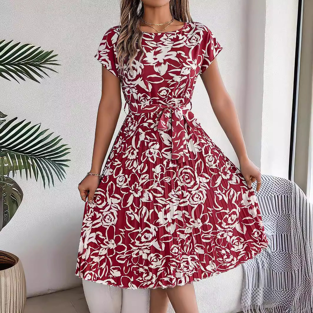 Robe plissée à manches courtes et ourlet large, élégante, style européen et américain