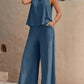 Solid Color Summer Slacks Suit, V-neck Vest And Wide-leg Pants Outfit