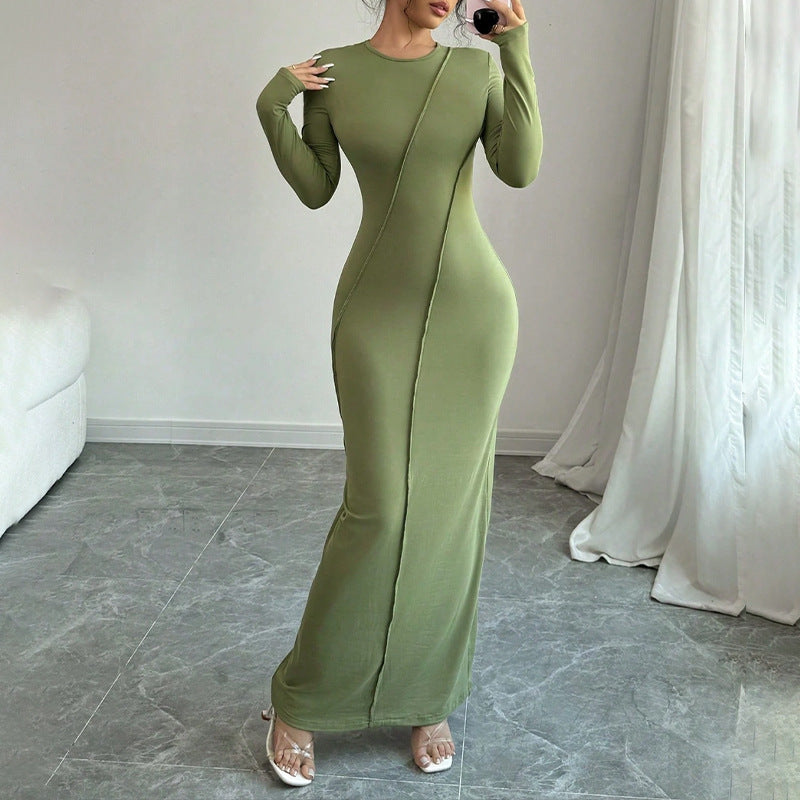 Casual Slim-fit Solid-color Long-sleeve Crew-neck Sheath Dress