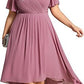 Banquet Evening Dress A- Line V-neck Chiffon Short Sleeve Knee-length Plus Size