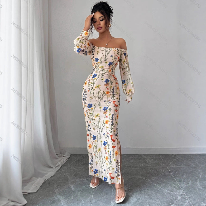Elegant Off-the-shoulder Floral Branch-print Dress For Women