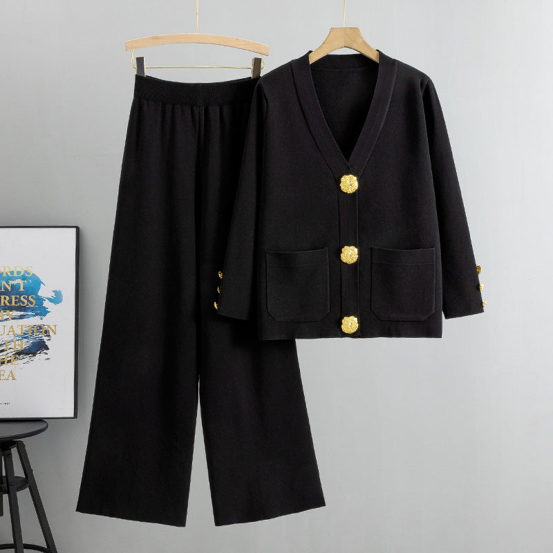 Casual Fashion Metal Buckle Knitted Cardigan Suit
