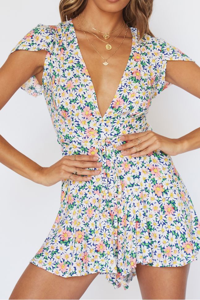V-neck Floral Waist Short-sleeved Jumpsuit
