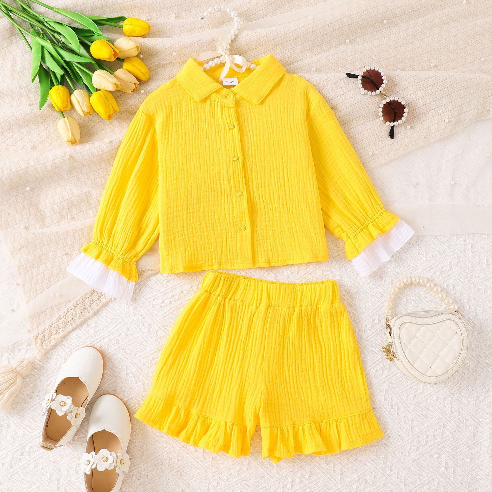 Solid Color Shirt With Ruffled Shorts Two-piece Set