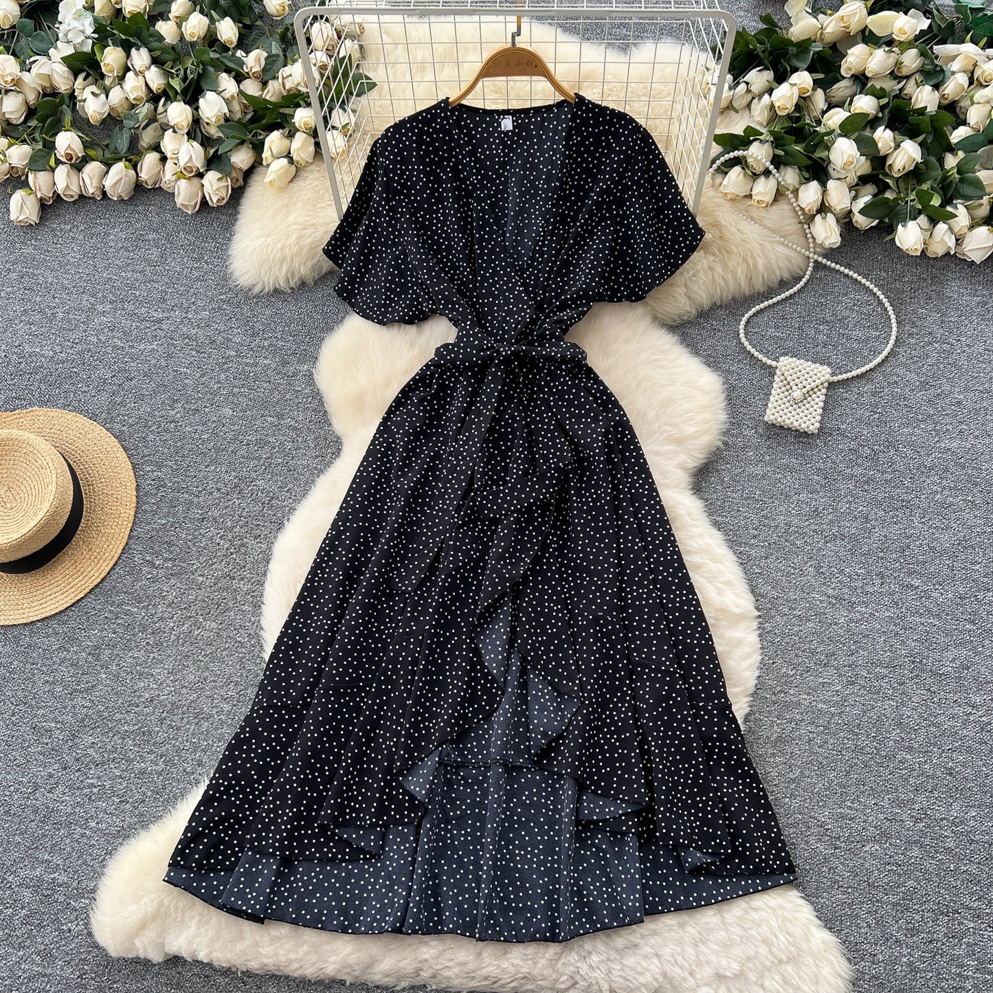 Cross V-Neck Short-Sleeve Irregular Dress Womens