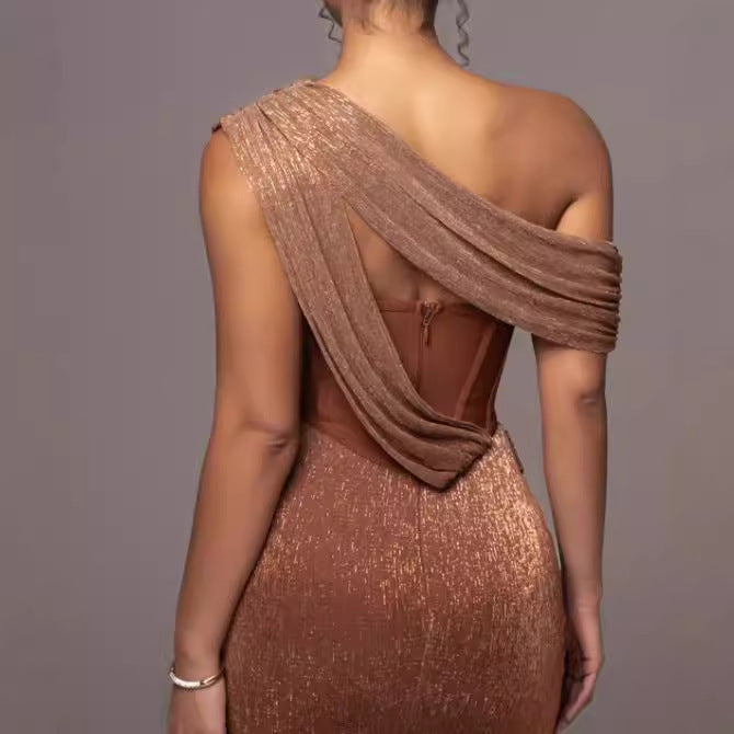 Jupe à bretelles fendue pour femme, col pêche, coupe slim