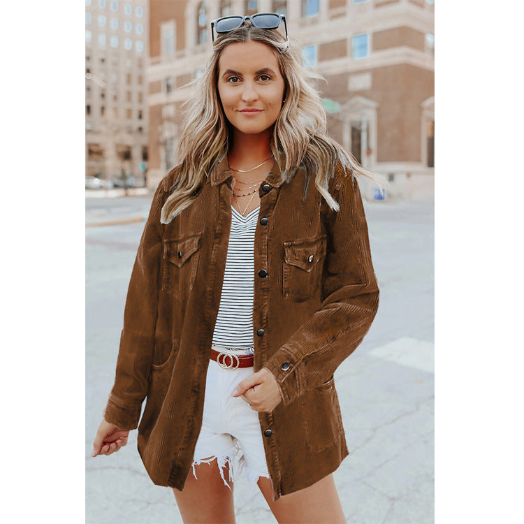 Women's Long Sleeve Solid Color Lapel Mid Shirt Jacket