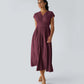 Solid Color Overlapping V-neck Short Sleeve Side Pocket Lace-up Quick-drying Mid-length Casual Dress