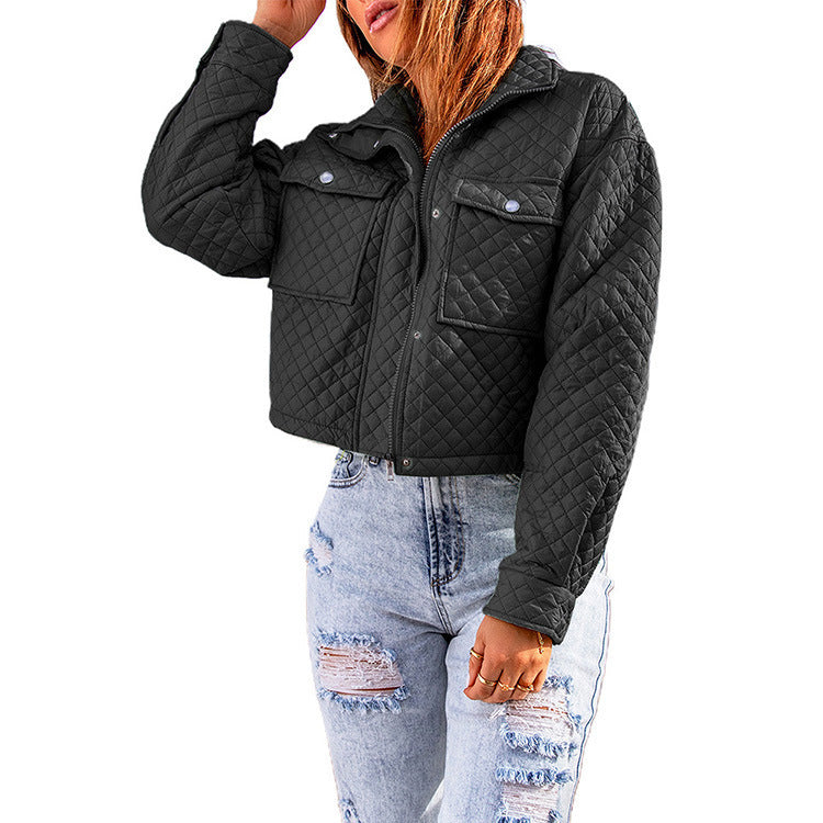 Women's Casual Long Sleeve Lapel Solid Color Loose Zipper Cropped Jacket