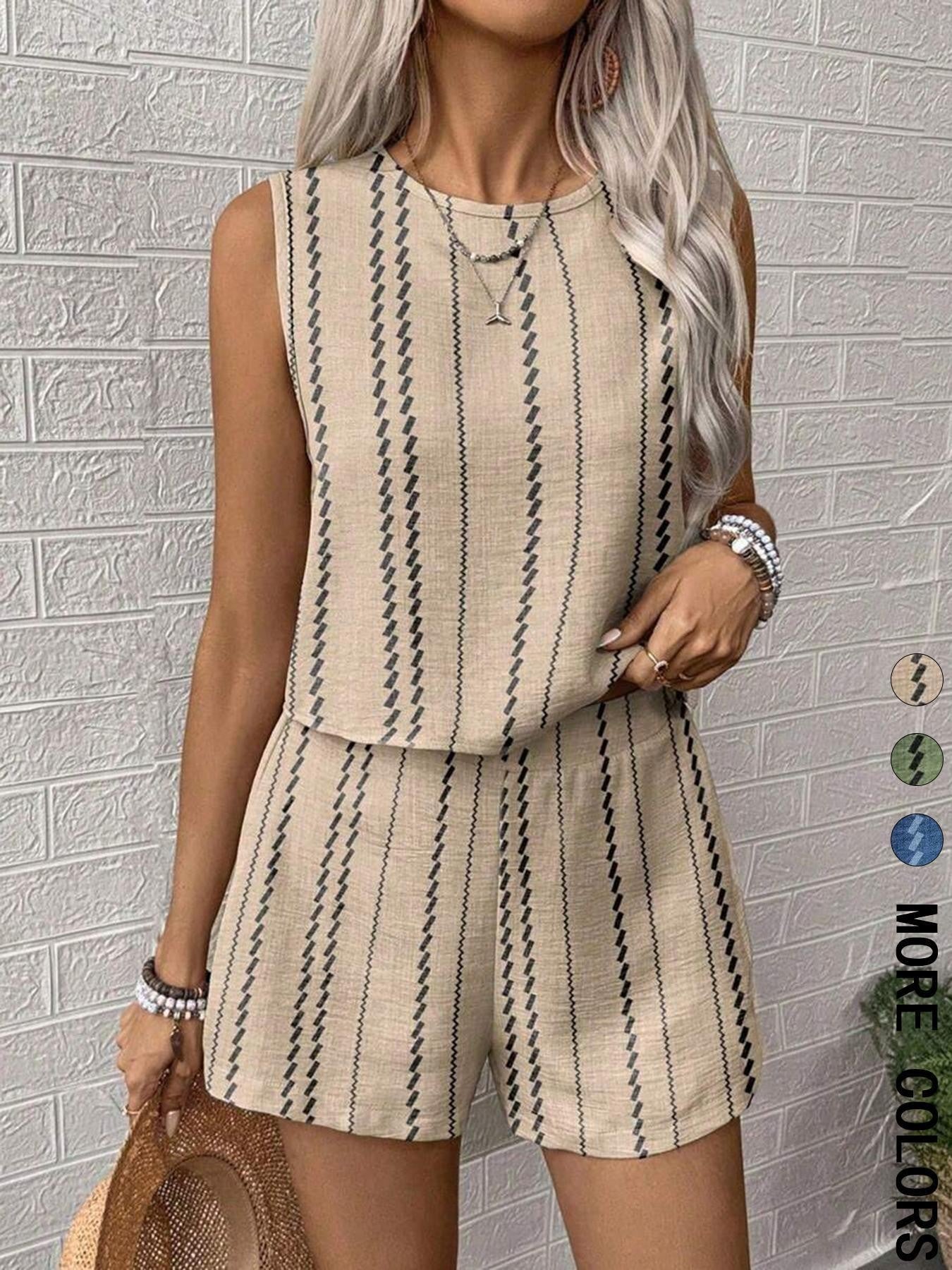 Casual Craft Stripe Printing Sleeveless Tank Top Shorts Suit