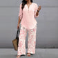 Ladies V-neck Shirt Tropical Plants Printed Pants Suit